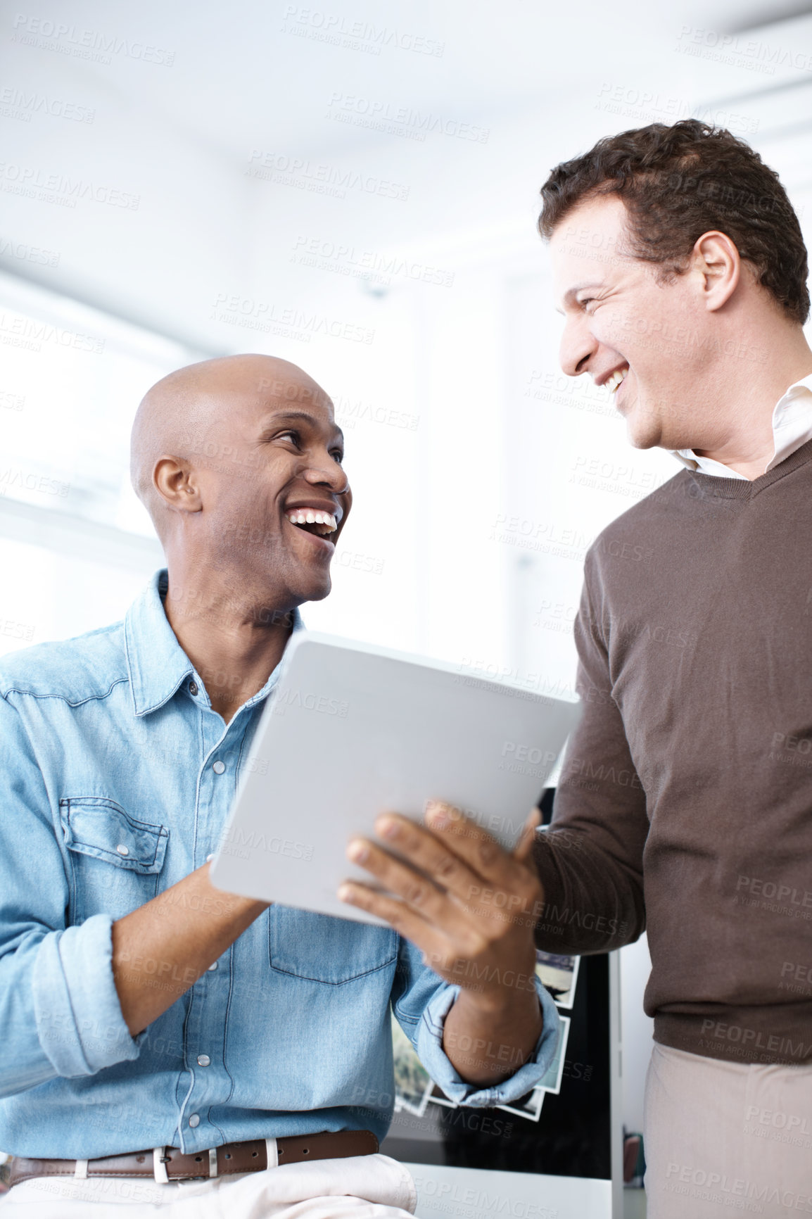 Buy stock photo Happy, people and tablet for web development in office, programming report and design feedback. Men, laughing and digital with creative proposal, maintenance solution and IT information for project