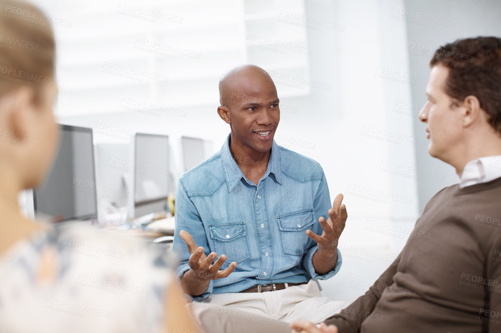 Buy stock photo Conversation, training and web development with business people in creative workplace for meeting. Collaboration, computer programming or explain with man and woman employee in office together
