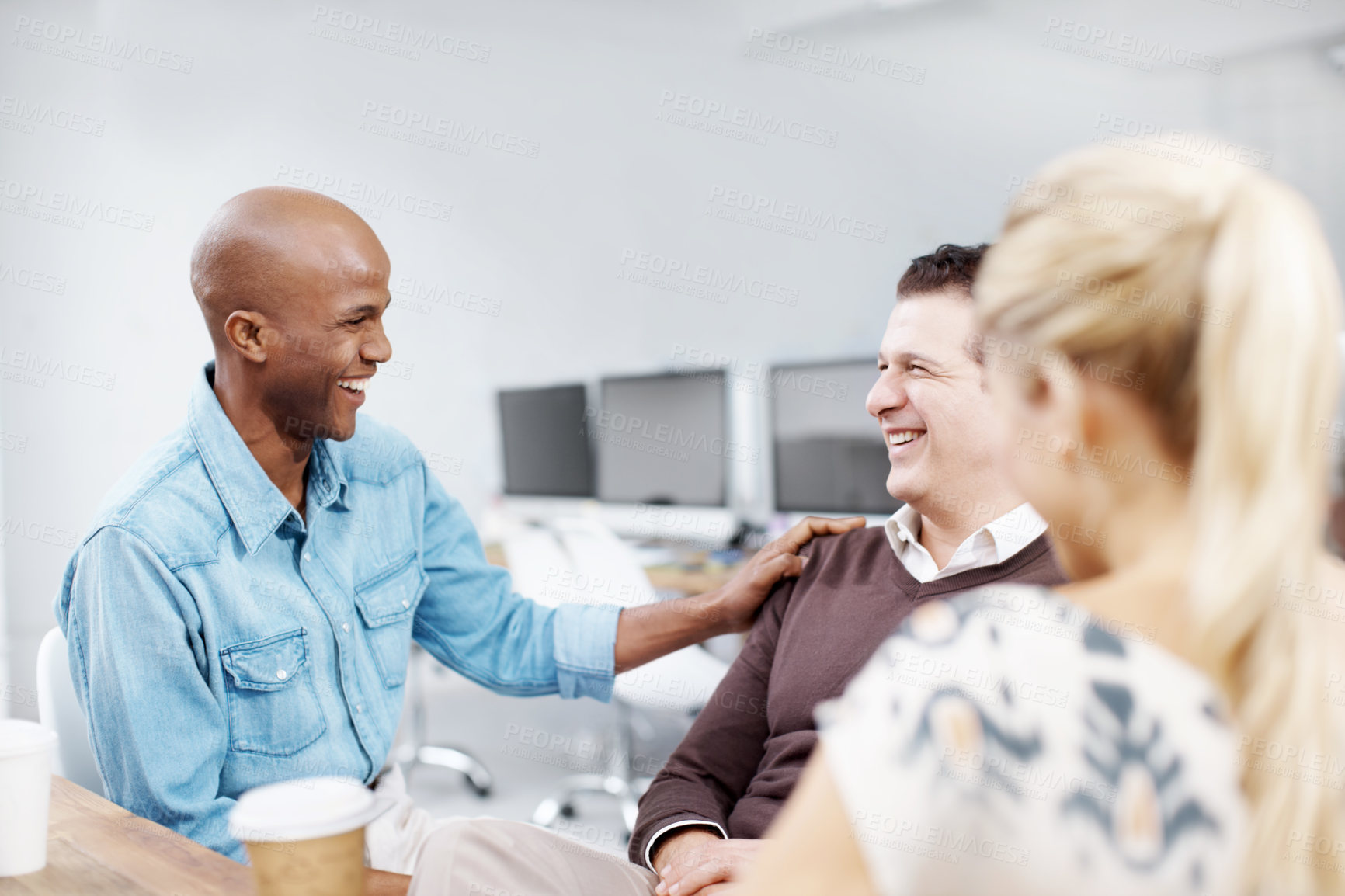 Buy stock photo Coffee, conversation and web development with business people laughing in creative workplace. Collaboration, computer programming or meeting with happy man and woman employee in office together