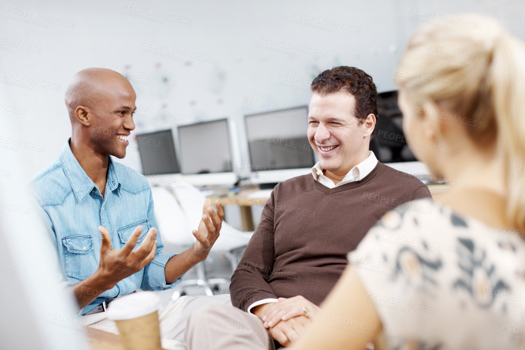 Buy stock photo Explain, laughing and web development with business people in creative workplace for meeting. Collaboration, computer programming or training with funny man and woman employee in office together