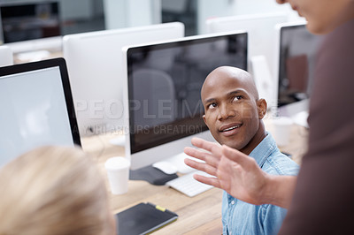 Buy stock photo Computer, training and web development with business people in creative workplace for meeting. Coaching, direction and hand with man and woman designer ot programmer group at desk in office together