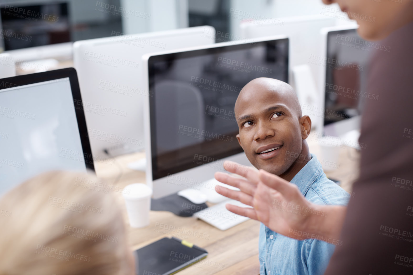 Buy stock photo Computer, training and web development with business people in creative workplace for meeting. Coaching, direction and hand with man and woman designer ot programmer group at desk in office together