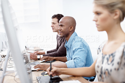 Buy stock photo Creative people, designers and computer with digital tablet for writing, drawing or graphic design at office. Group, employees or content creators with technology for multimedia development at agency