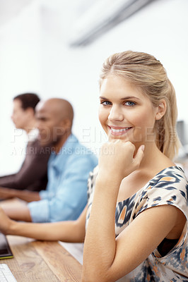 Buy stock photo Portrait, business and woman with smile in office for copywriting report, creative career and story opportunity. Happy, girl and computer with intern program, about us and writer experience of agency