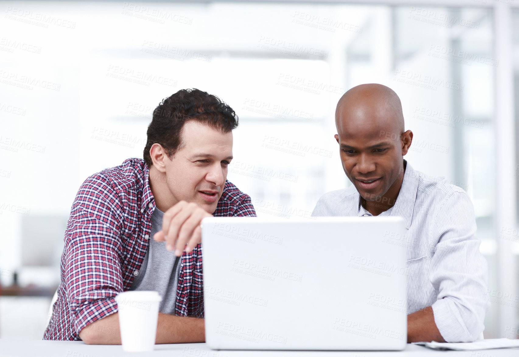 Buy stock photo Business men, laptop meeting and brainstorming for collaboration, planning or advice in office. Creative, employee and teamwork with email, discussion and project management research conversation