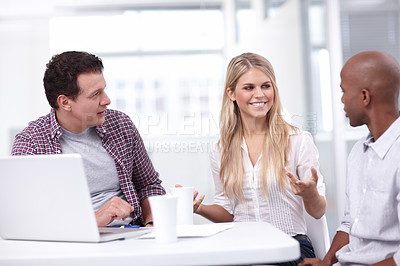 Buy stock photo Business, people and meeting at office with laptop for creative ideas, strategy and planning as web designer. Diversity, employees and happy or smile with discussion project completion and teamwork