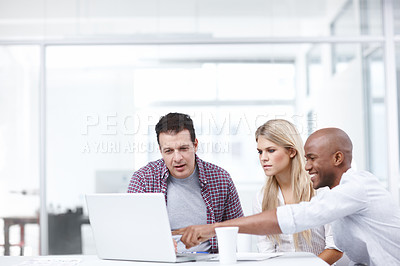 Buy stock photo Business, employees and meeting with pointing laptop for creative ideas, strategy or planning as web designer. Diversity, people and happy at office with discussion for project deadline and teamwork