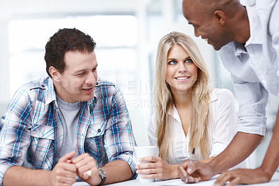 Buy stock photo Happy group, creative business people and planning, strategy proposal and brainstorming ideas in startup. Collaboration, office team and discussion for project, content writing and meeting with paper