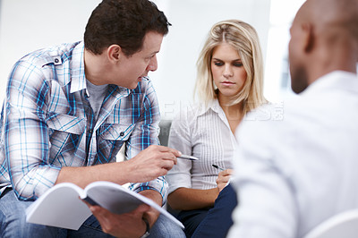 Buy stock photo People, notes and meeting in office for creativity, project management and advice in collaboration. Design team, brainstorming and notebook in creative agency for planning, discussion and idea pitch