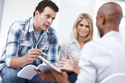 Buy stock photo People, talking and brainstorming in office for creativity, project management and advice in collaboration. Design team, meeting or notebook in creative agency for planning, discussion and idea pitch