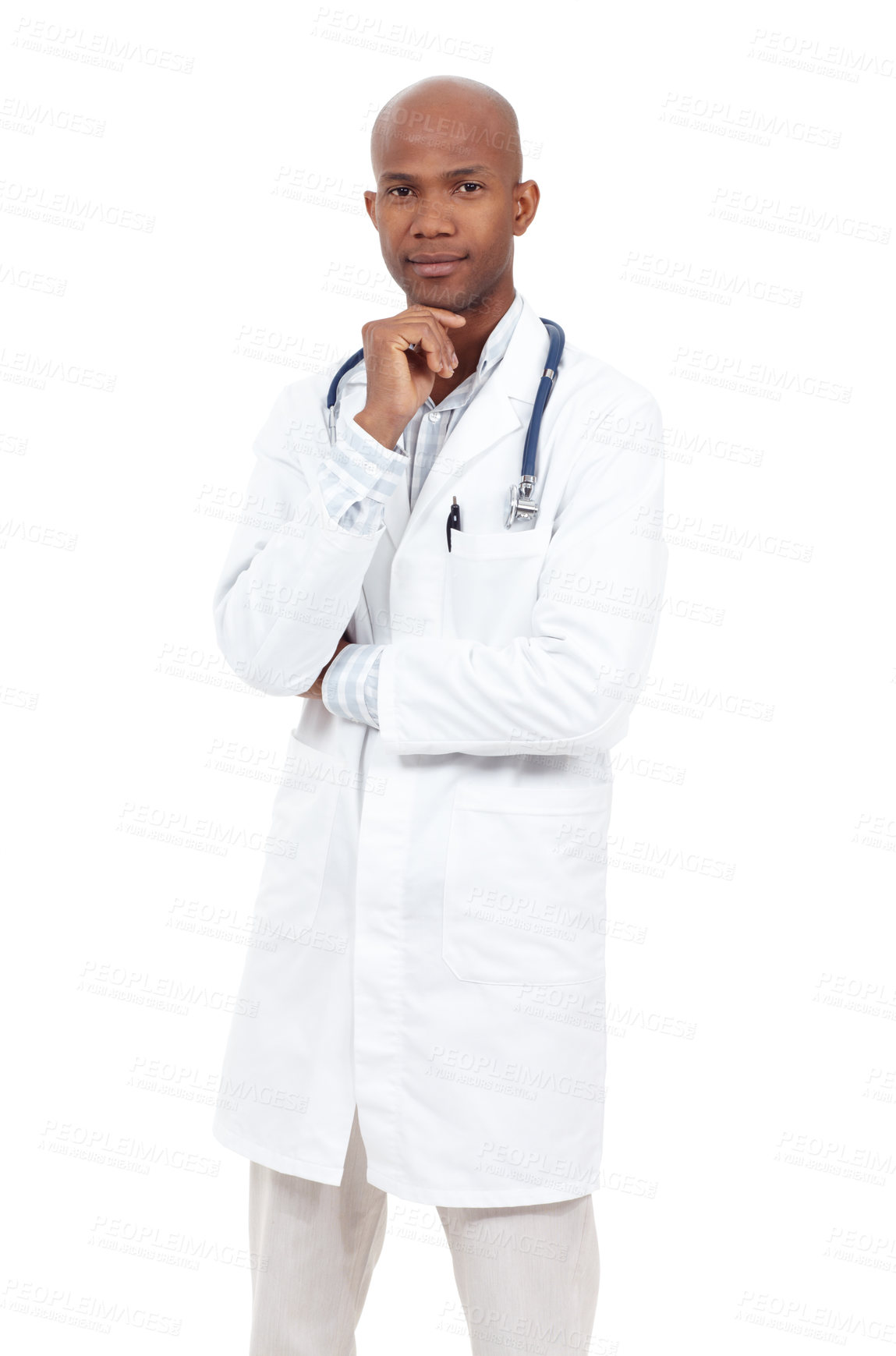 Buy stock photo Studio portrait of a young african american doctor looking thoughtful