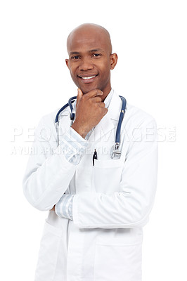 Buy stock photo Studio portrait of a young and happy-looking african american doctor with his hand on his chin