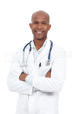 Buy stock photo Studio portrait of a young african american doctor standing with his arms folded
