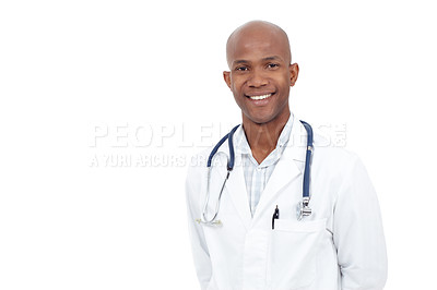 Buy stock photo Studio portrait of a young and happy-looking african american doctor with copyspace