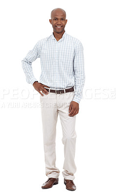 Buy stock photo Full length studio portrait of a young african american man dressed casually and standing with his hand on his hip