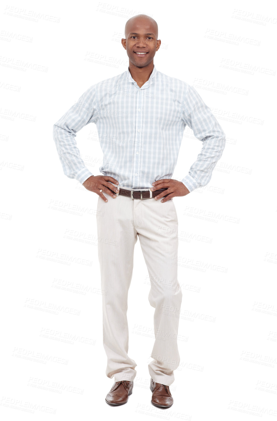 Buy stock photo Full length studio portrait of a young african american man dressed casually and standing with his hands on his hips