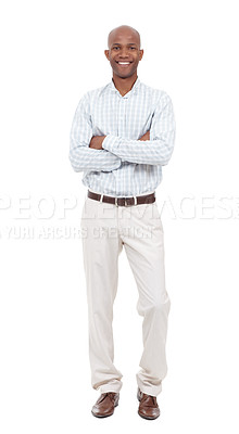Buy stock photo Full length studio portrait of a young african american man dressed casually and standing with his arms crossed