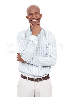 Buy stock photo Studio portrait of a casually dressed african american man looking thoughtful while smiling at the camera