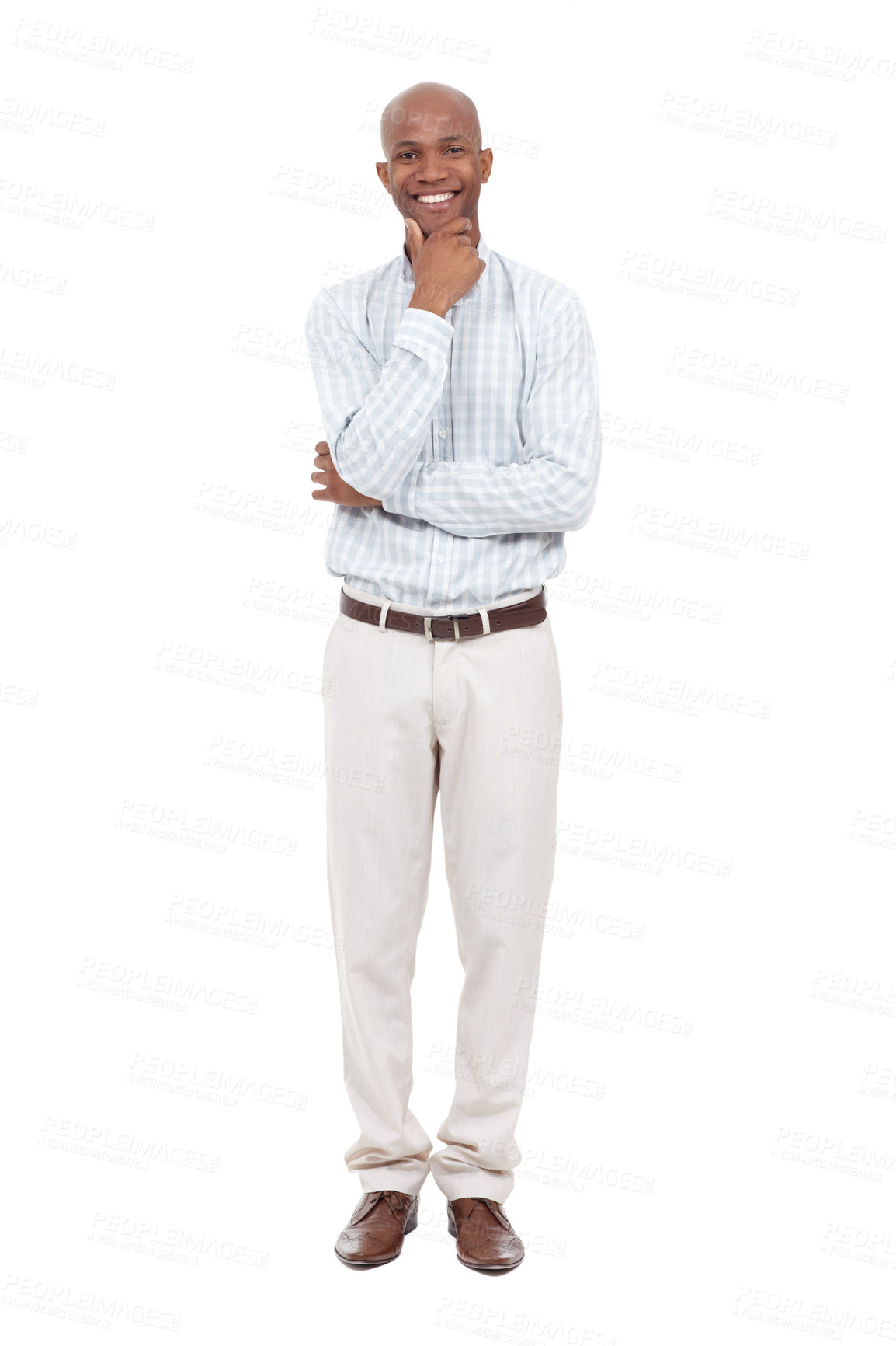 Buy stock photo Full length studio portrait of a casually dressed african american man looking thoughtful while smiling at the camera