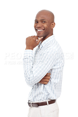 Buy stock photo Sideways portrait of an smiling african american man with his hand on his chin