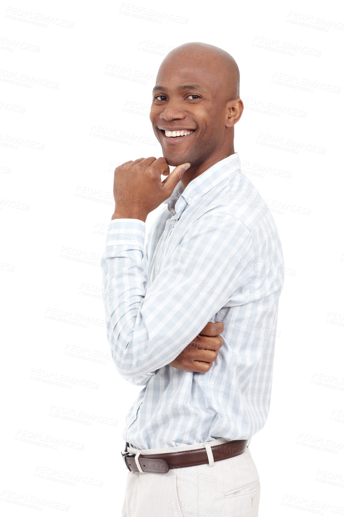 Buy stock photo Sideways portrait of an smiling african american man with his hand on his chin