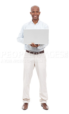 Buy stock photo Full length portrait of a casually dressed african american man holding a laptop