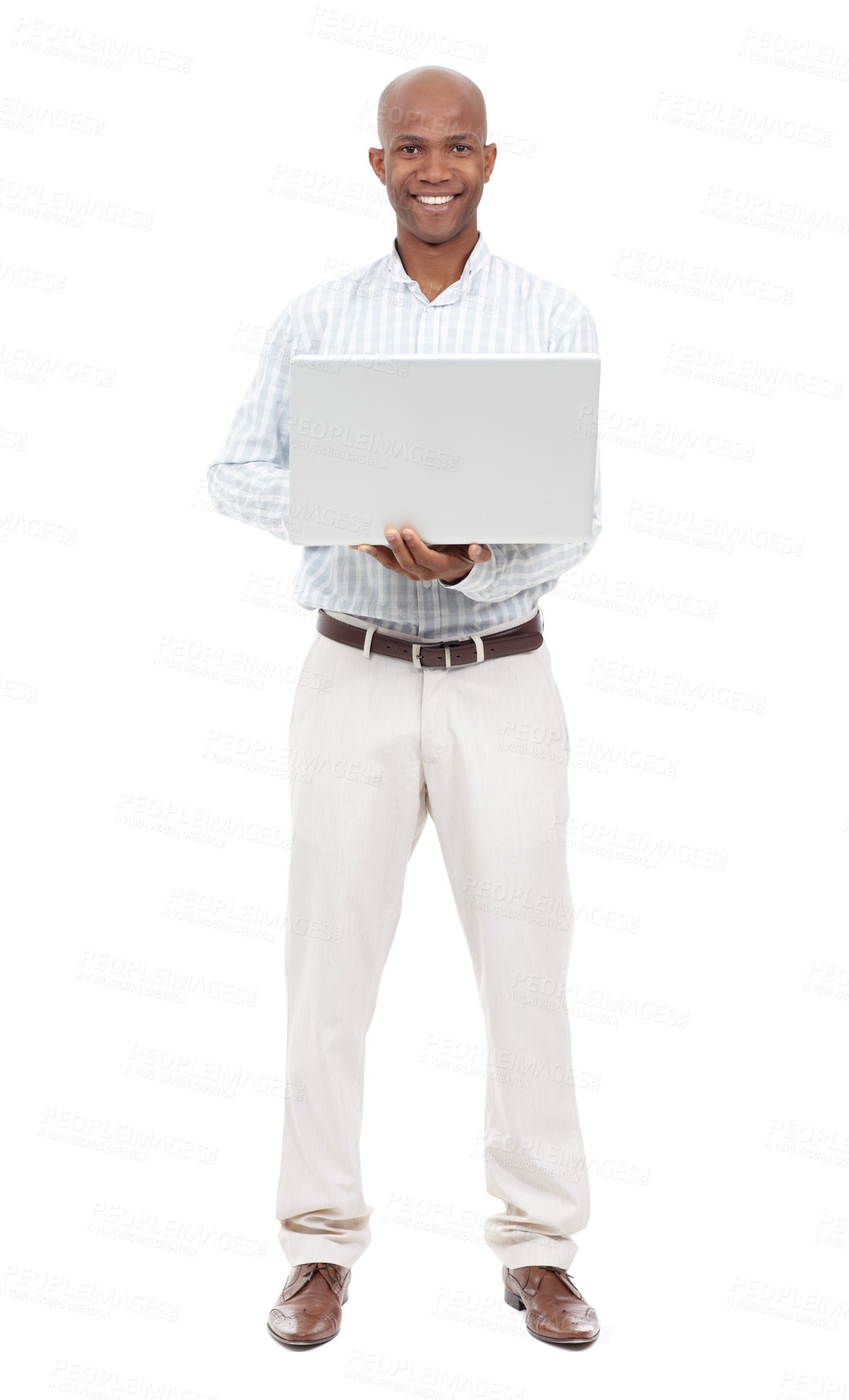 Buy stock photo Studio, black man and portrait with laptop for research, typing and software update with technology. Smile, male person or web designer with digital for ux design, startup company or white background