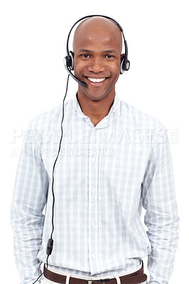Buy stock photo Studio portrait of an smiling african american man wearing a telephone headset