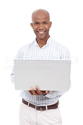 Buy stock photo Studio portrait of a casually dressed african american man holding a laptop