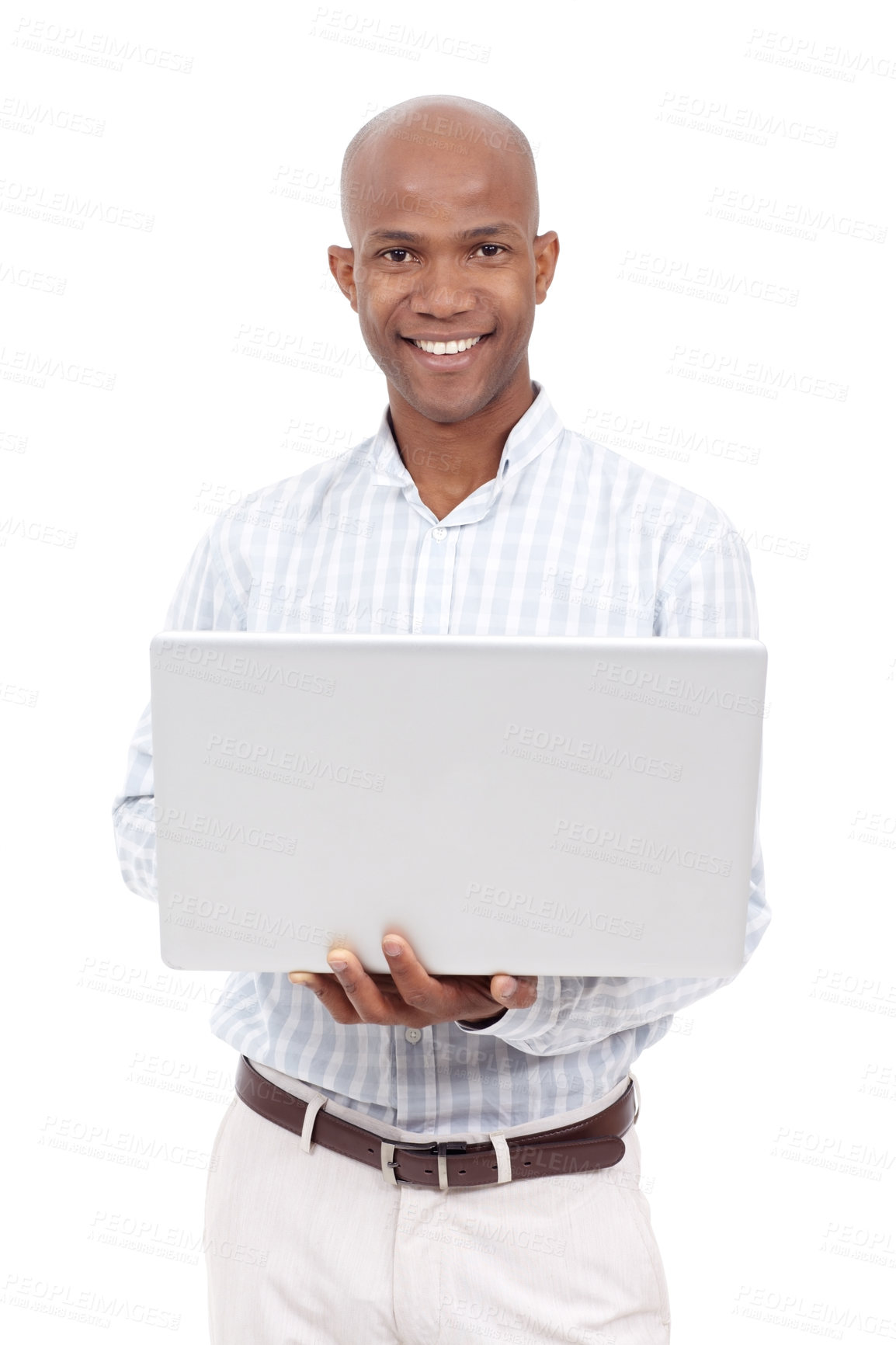 Buy stock photo Studio portrait of a casually dressed african american man holding a laptop