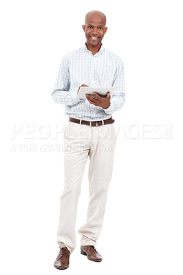 Buy stock photo Full length studio protrait of a young african american man using a digital tablet while smiling at the camera