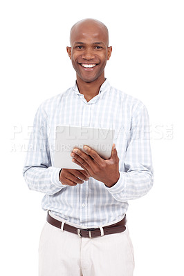 Buy stock photo Studio portrait of a casually dressed african american man using a digital tablet and smiling at the camera
