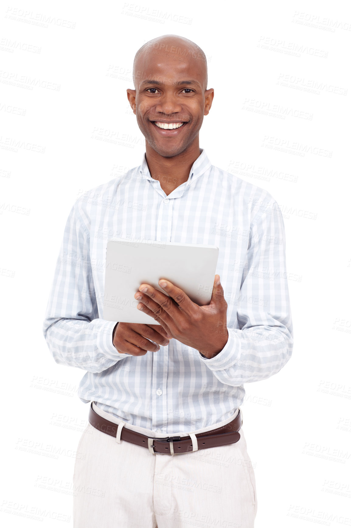 Buy stock photo Businessman, tablet and portrait in studio for communication, client networking and company research. African person, technology and smile on white background for revenue report, information and news