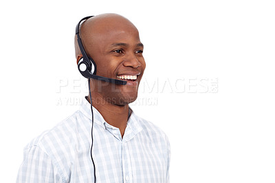 Buy stock photo Studio shot of a young african american man talking on headset isolated on white