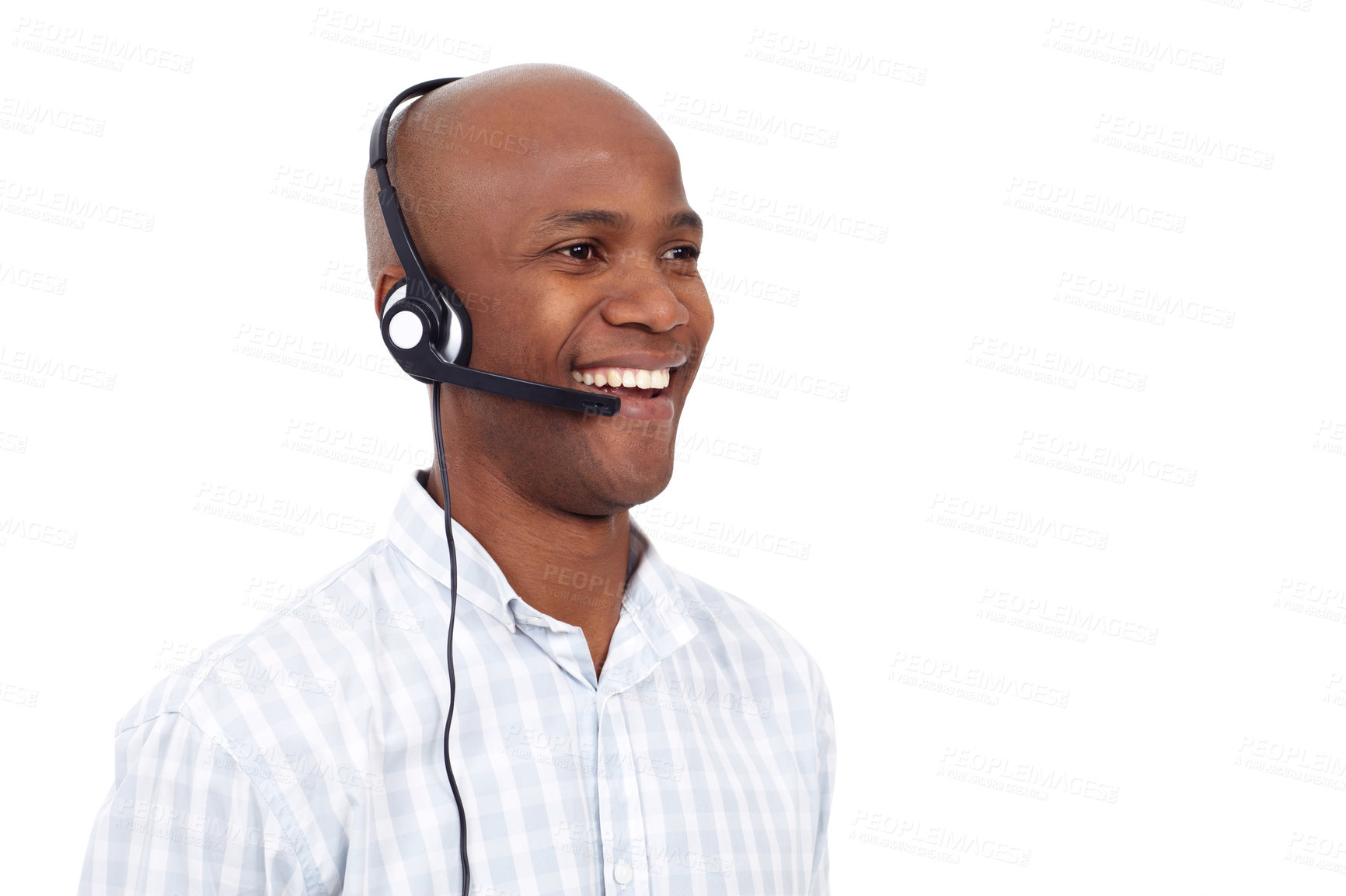 Buy stock photo Thinking, happy man and headset in studio for customer support, telemarketing and agent with friendly service. Consultant, smile and tech on white background space for help, advice or lead generation