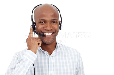 Buy stock photo Portrait, agent or headset in studio for customer support, telemarketing or African man with friendly service. Consultant, happy or tech on white background space for help, advice or CRM in Tanzania