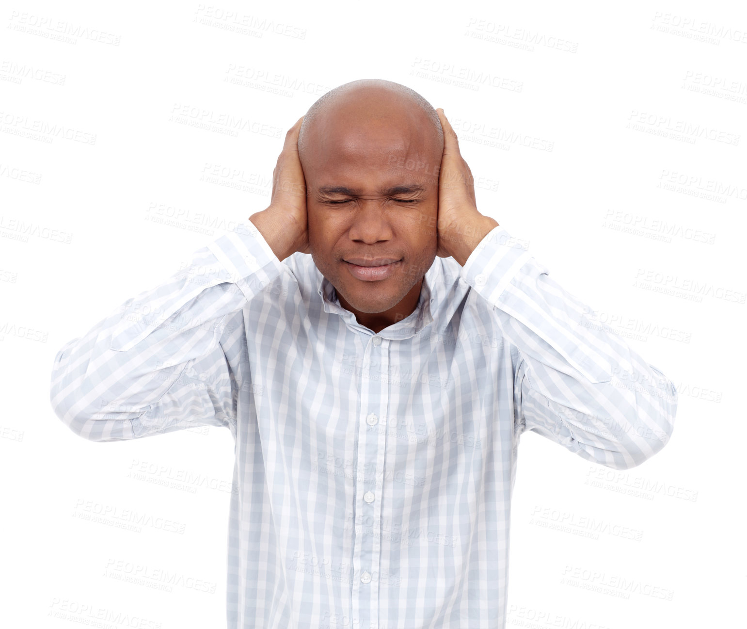 Buy stock photo Black man, frustrated or cover with ears for noise, loud or uncomfortable sound on a white studio background. African, male person or model with eyes closed for hearing irritation, discomfort or deaf