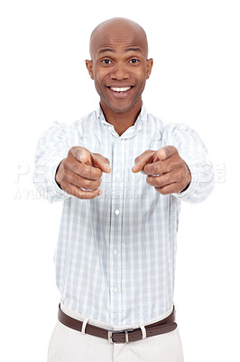 Buy stock photo Studio portrait of a young african american man pointing two fingers at the camera and smiling