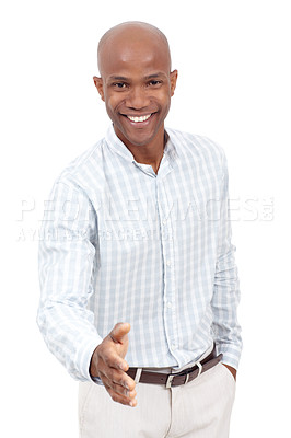 Buy stock photo Studio portrait of a young african american man making a handshake gesture twoards the camera and smiling