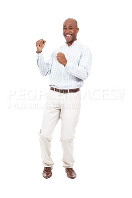 Buy stock photo Full length studio shot of a young african american man doing a little dance of celebration isolated on white