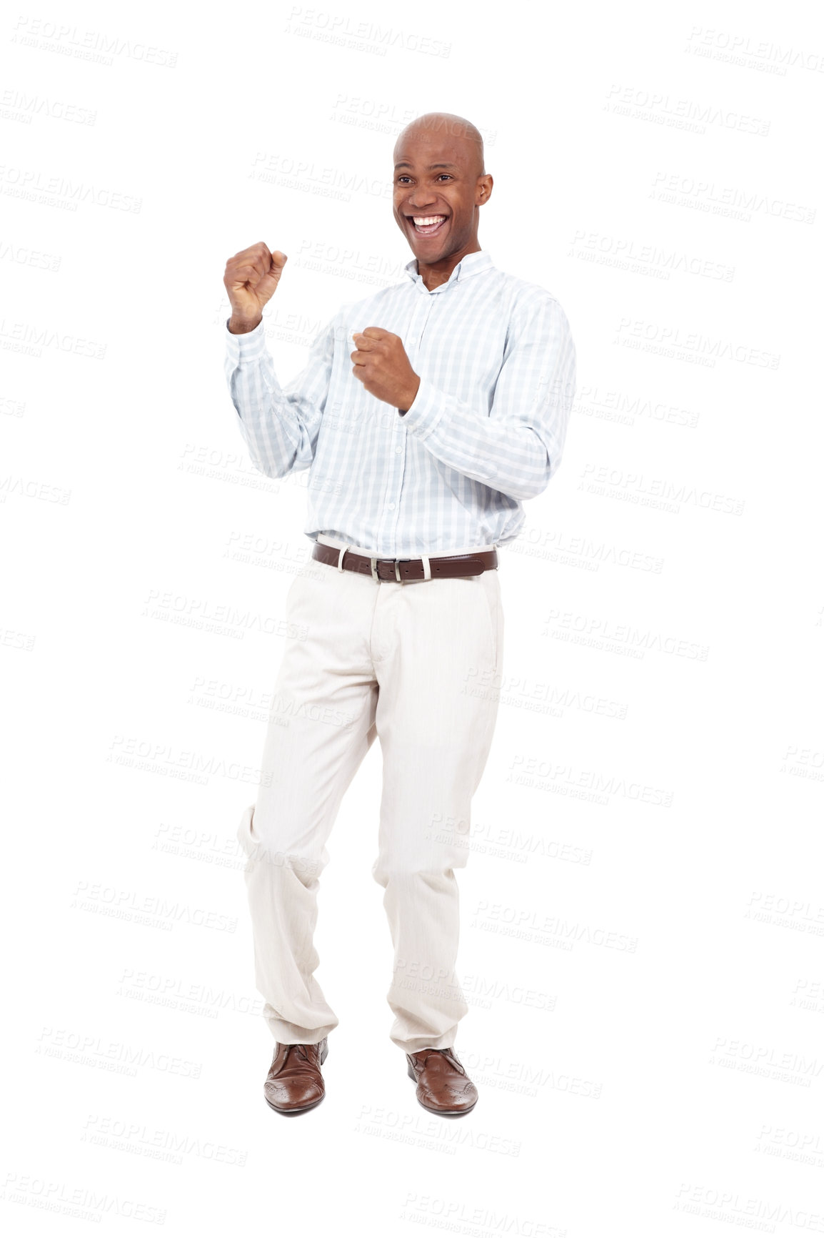Buy stock photo Full length studio shot of a young african american man doing a little dance of celebration isolated on white