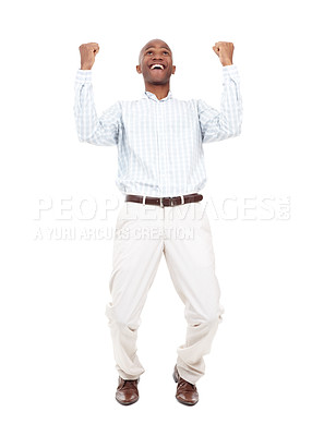 Buy stock photo Full length studio shot of a young african american man jumping in celebration isolated on white