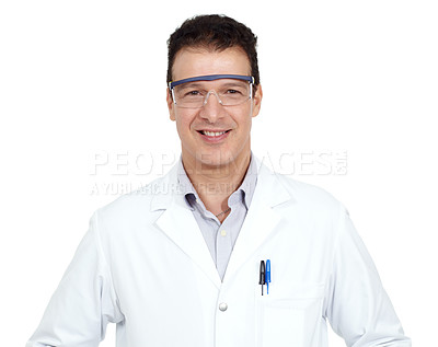 Buy stock photo Studio portrait of a scientist wearing protective eyewear isolated on white