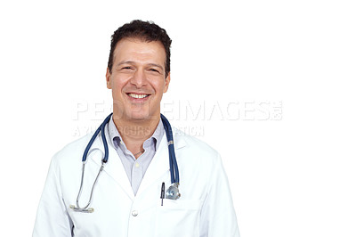 Buy stock photo Studio shot of a friendly-looking doctor smiling at the camera and isolated on white