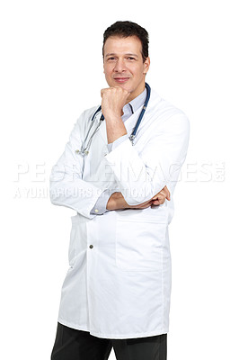 Buy stock photo Studio shot of a thoughtful-looking doctor smiling at the camera and isolated on white