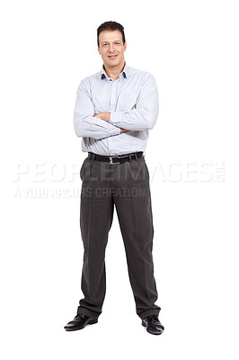 Buy stock photo Full length studio shot of a smiling man standing with his arms folded isolated on white