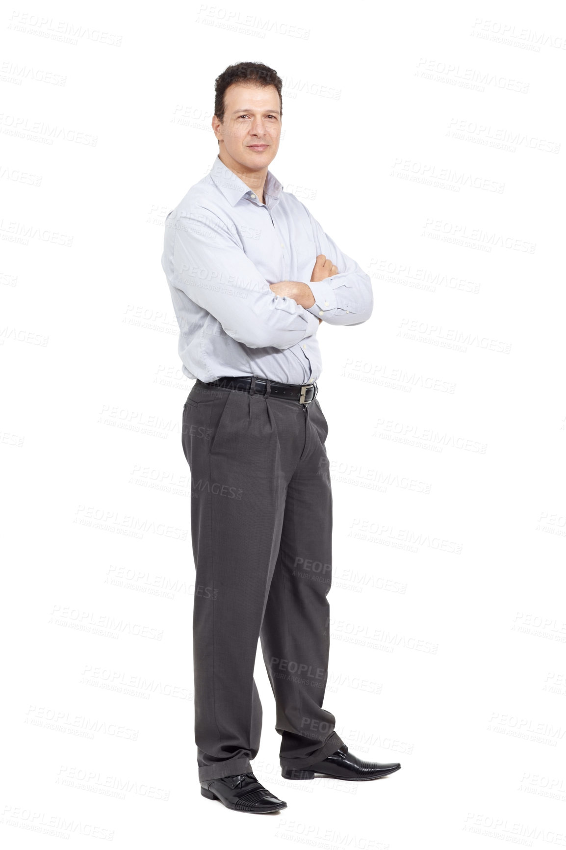Buy stock photo Full length studio shot of a smiling man standing with his arms folded isolated on white