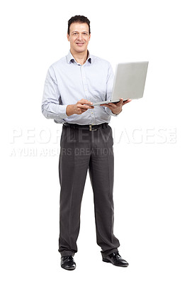Buy stock photo Full length studio shot of a caucasian man holding an open laptop isolated on white