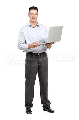 Buy stock photo Businessman, laptop and portrait in studio for communication, client networking or company research. Employee, technology and smile on white background for revenue report, information or project news