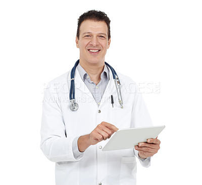Buy stock photo Man portrait, doctor and tablet for medicare in studio, online consulting service and white background. Male person, heart specialist and surgeon to plan schedule, monitor feedback and clinic website